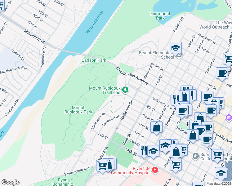 map of restaurants, bars, coffee shops, grocery stores, and more near 4640 9th Street in Riverside
