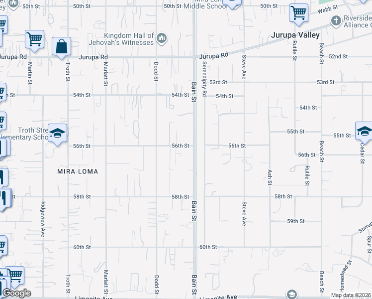 map of restaurants, bars, coffee shops, grocery stores, and more near 10240 56th Street in Jurupa Valley