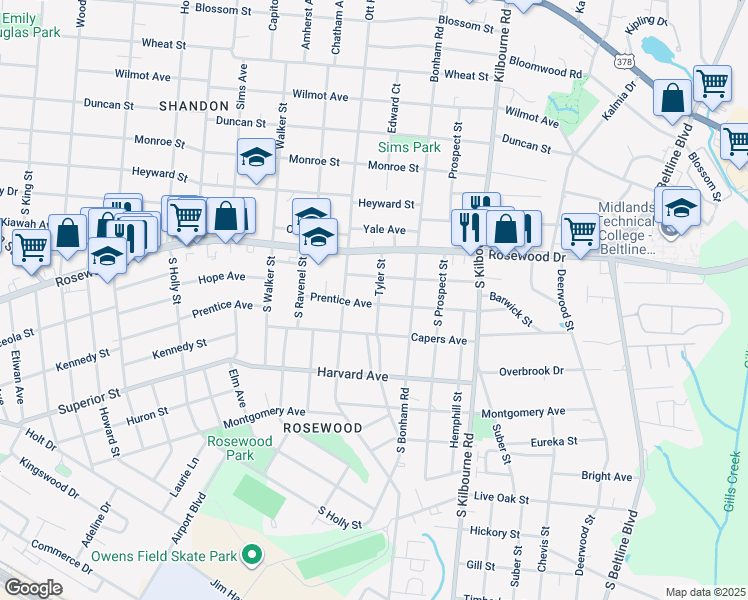 map of restaurants, bars, coffee shops, grocery stores, and more near 3504 Prentice Avenue in Columbia