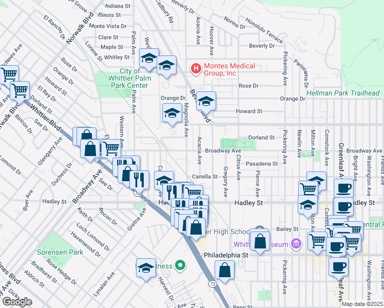 map of restaurants, bars, coffee shops, grocery stores, and more near 11810 Broadway in Whittier