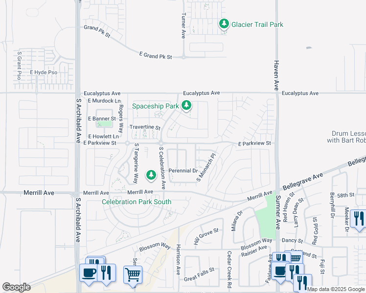 map of restaurants, bars, coffee shops, grocery stores, and more near 3177 East Masterpiece Street in Ontario