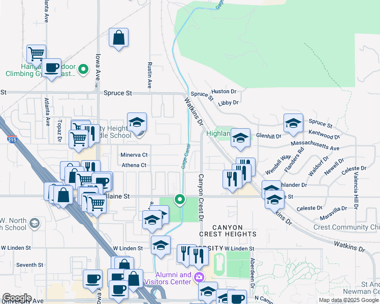 map of restaurants, bars, coffee shops, grocery stores, and more near 3029 Canyon Crest Drive in Riverside