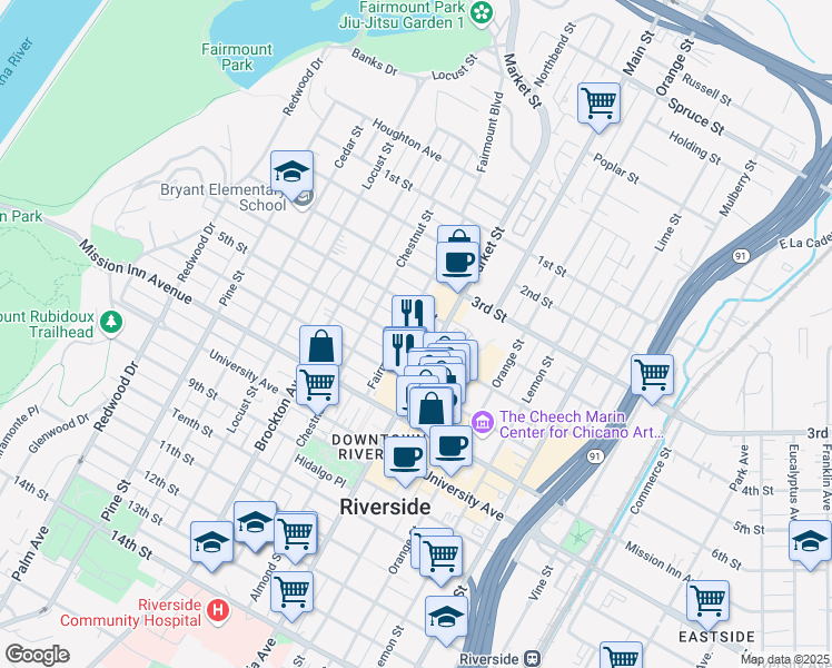 map of restaurants, bars, coffee shops, grocery stores, and more near 3540 Fairmount Boulevard in Riverside