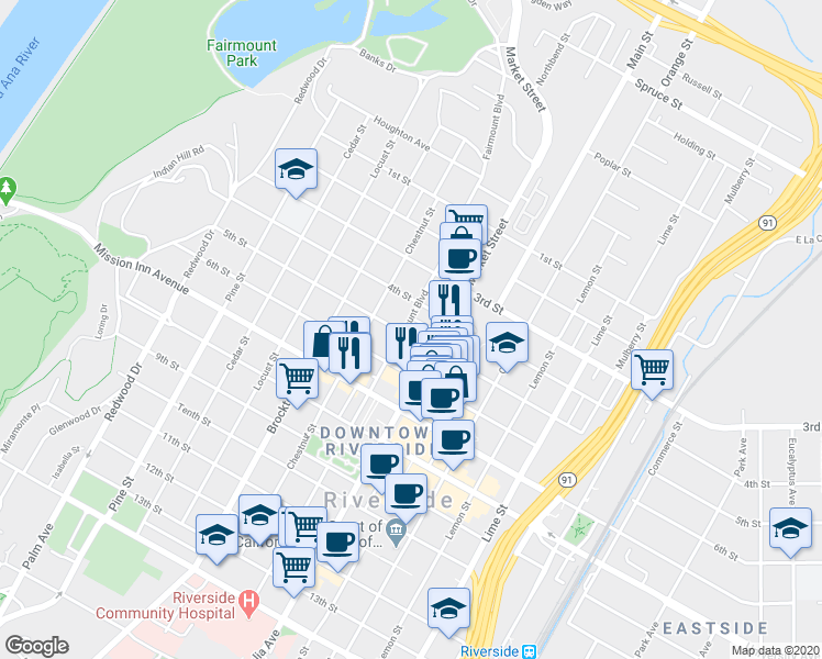 map of restaurants, bars, coffee shops, grocery stores, and more near 3540 Fairmount Boulevard in Riverside