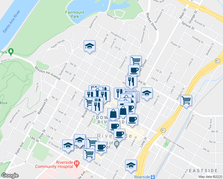 map of restaurants, bars, coffee shops, grocery stores, and more near 3992 6th Street in Riverside