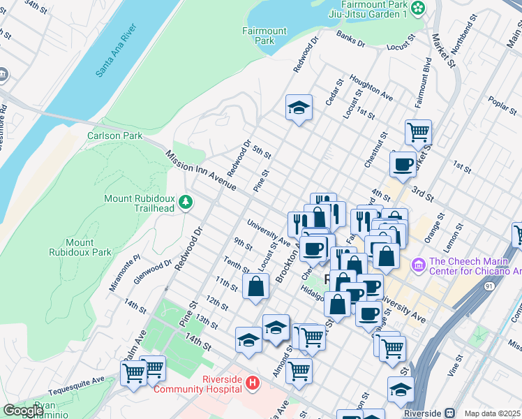 map of restaurants, bars, coffee shops, grocery stores, and more near 3760 Cedar Street in Riverside