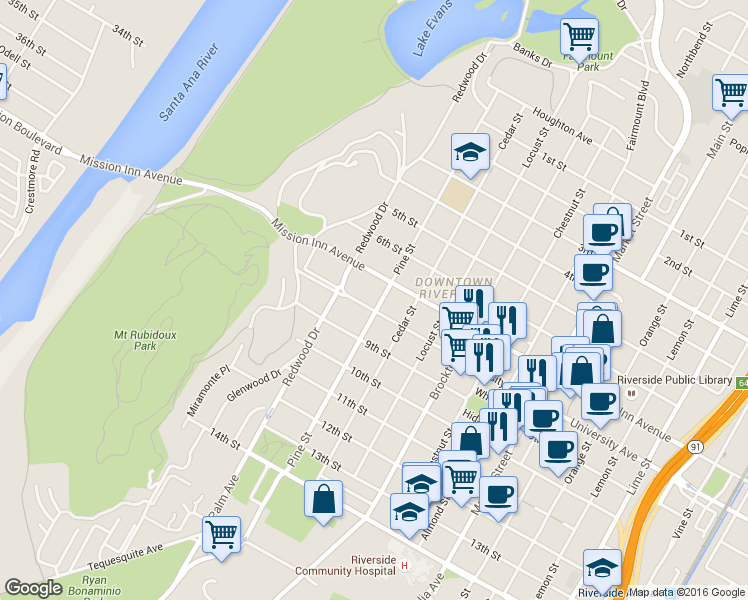 map of restaurants, bars, coffee shops, grocery stores, and more near 4380 University Avenue in Riverside