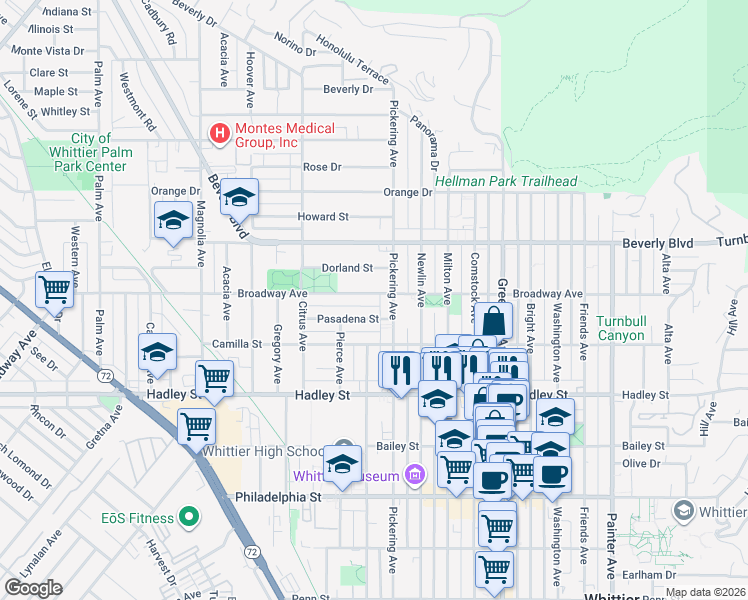map of restaurants, bars, coffee shops, grocery stores, and more near in Whittier