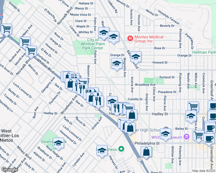 map of restaurants, bars, coffee shops, grocery stores, and more near 6234 Gretna Avenue in Whittier
