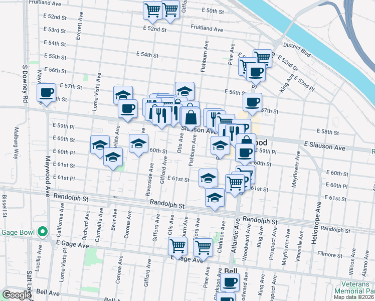 map of restaurants, bars, coffee shops, grocery stores, and more near 4214 East 60th Street in Huntington Park
