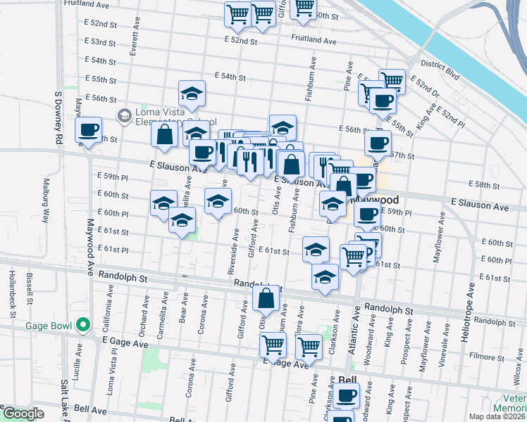 map of restaurants, bars, coffee shops, grocery stores, and more near 6014 Gifford Avenue in Huntington Park