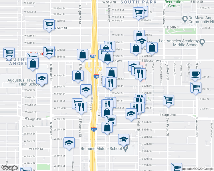 map of restaurants, bars, coffee shops, grocery stores, and more near 5966 South Broadway in Los Angeles