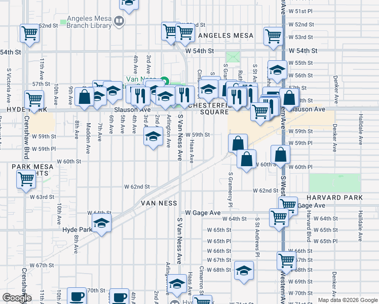 map of restaurants, bars, coffee shops, grocery stores, and more near 5959 Haas Avenue in Los Angeles