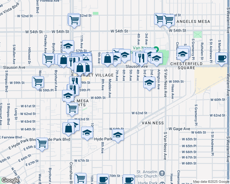 map of restaurants, bars, coffee shops, grocery stores, and more near 5958 7th Avenue in Los Angeles