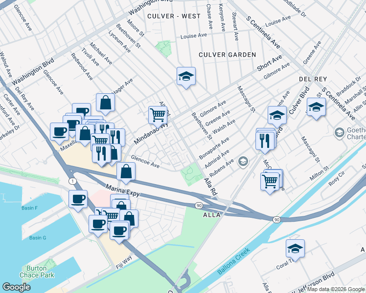 map of restaurants, bars, coffee shops, grocery stores, and more near 4646 Glencoe Avenue in Marina del Rey
