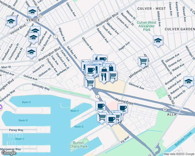 map of restaurants, bars, coffee shops, grocery stores, and more near 13488 Maxella Avenue in Marina del Rey