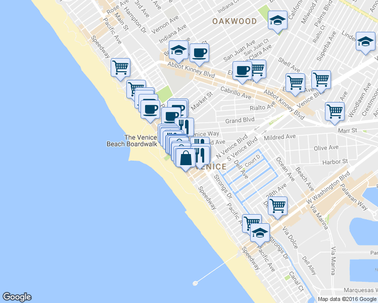 map of restaurants, bars, coffee shops, grocery stores, and more near 20 19th Avenue in Los Angeles