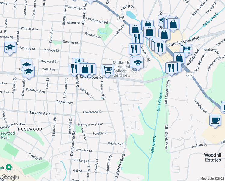 map of restaurants, bars, coffee shops, grocery stores, and more near 402 South Beltline Boulevard in Columbia