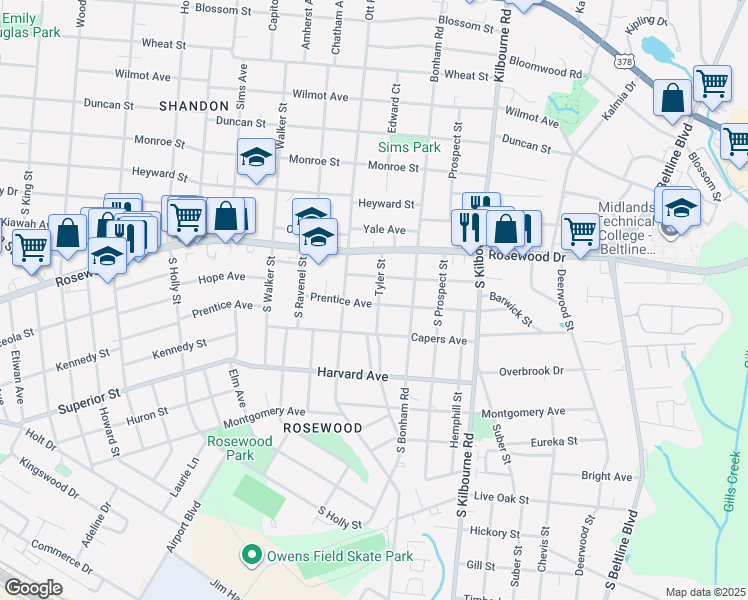 map of restaurants, bars, coffee shops, grocery stores, and more near 3504 Prentice Avenue in Columbia
