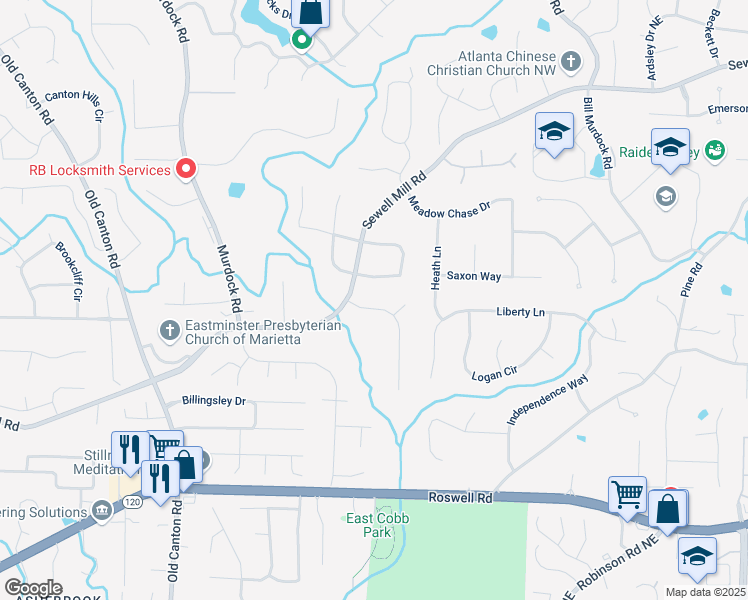 map of restaurants, bars, coffee shops, grocery stores, and more near 1434 Churchill Way in Marietta