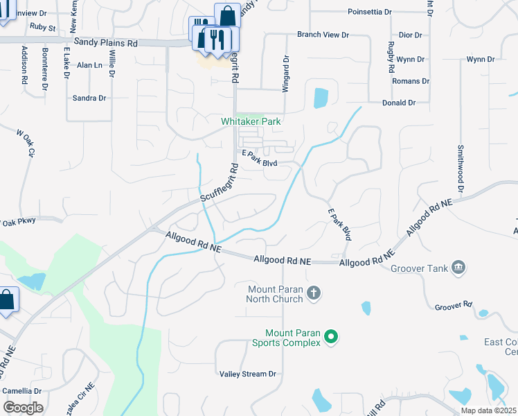 map of restaurants, bars, coffee shops, grocery stores, and more near 1552 Brentwood Drive in Marietta