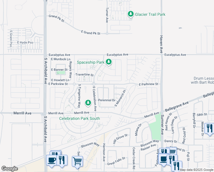 map of restaurants, bars, coffee shops, grocery stores, and more near 3177 East Masterpiece Street in Ontario
