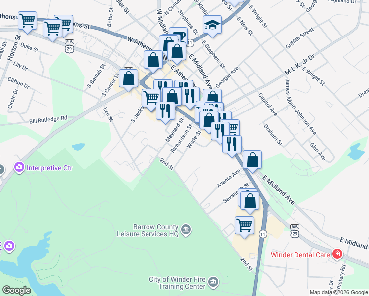 map of restaurants, bars, coffee shops, grocery stores, and more near 53 Wade Street in Winder
