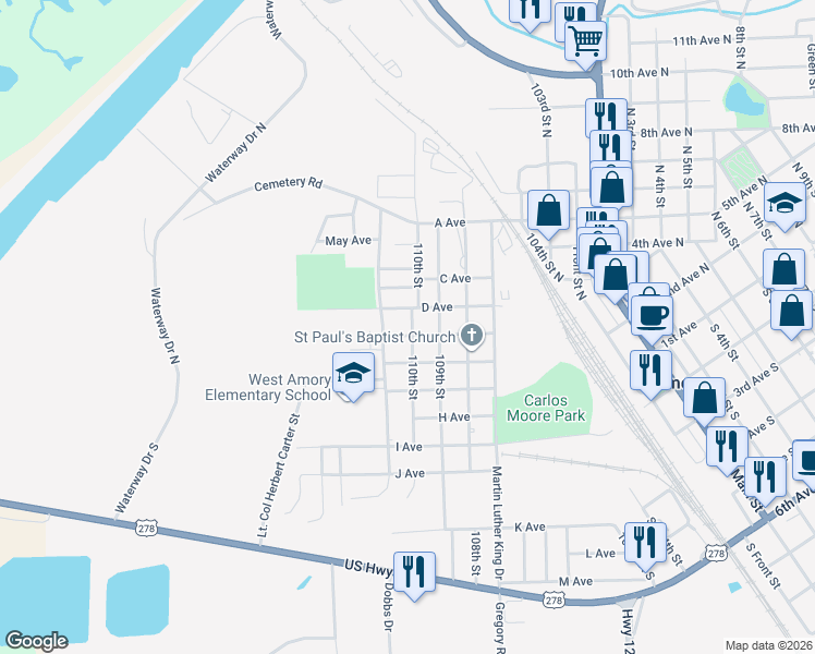 map of restaurants, bars, coffee shops, grocery stores, and more near 1098 E Avenue in Amory