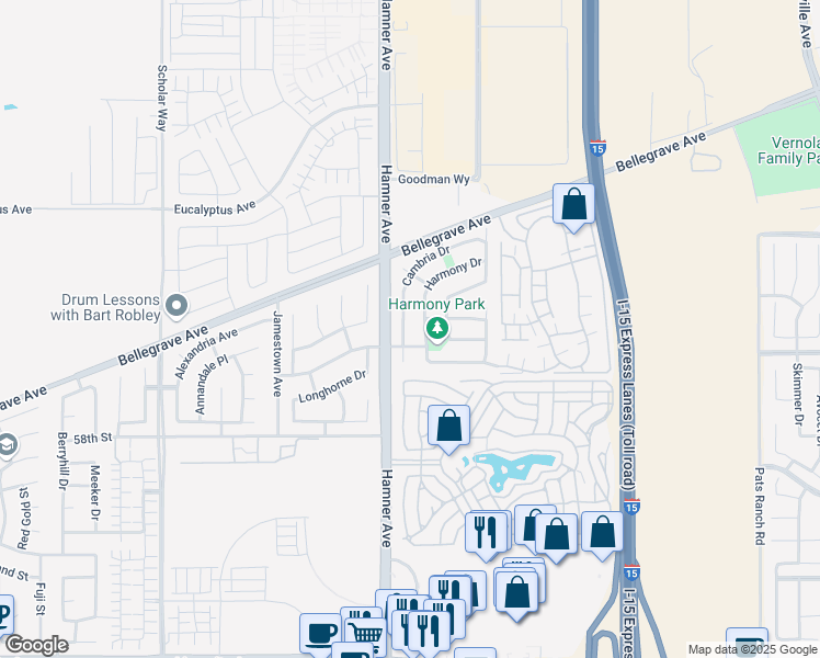 map of restaurants, bars, coffee shops, grocery stores, and more near 5634 Cambria Drive in Eastvale