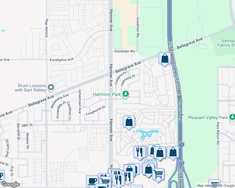 map of restaurants, bars, coffee shops, grocery stores, and more near 5677 Cambria Drive in Eastvale