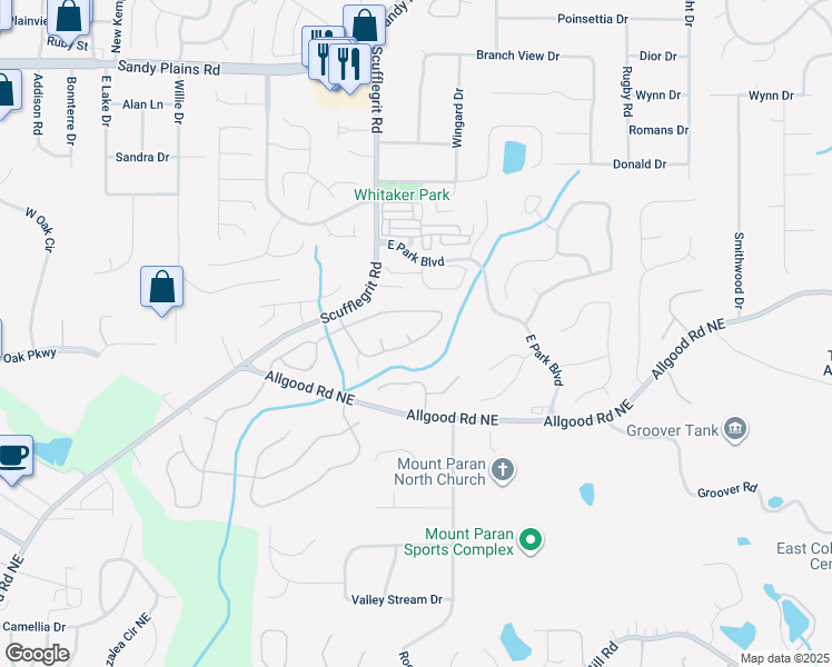 map of restaurants, bars, coffee shops, grocery stores, and more near 1552 Brentwood Drive in Marietta