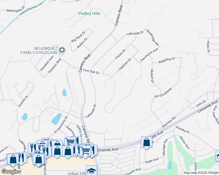 map of restaurants, bars, coffee shops, grocery stores, and more near 7800 Lippizan Drive in Riverside
