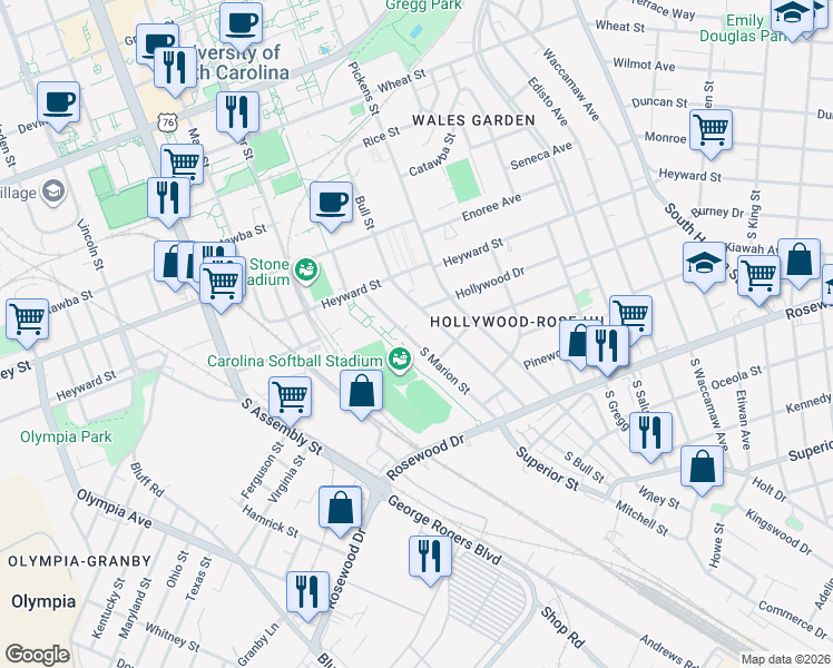 map of restaurants, bars, coffee shops, grocery stores, and more near 170 South Marion Street in Columbia