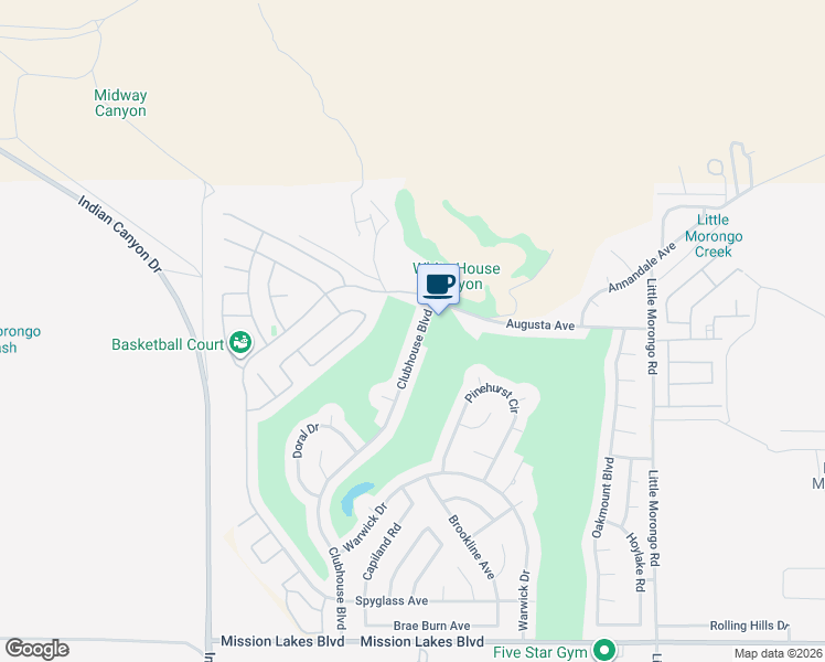 map of restaurants, bars, coffee shops, grocery stores, and more near 8567 Clubhouse Boulevard in Desert Hot Springs