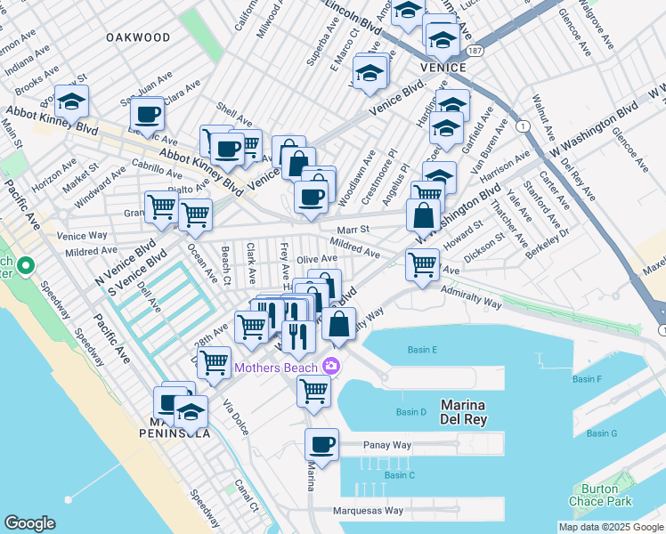 map of restaurants, bars, coffee shops, grocery stores, and more near 2413 Wilson Avenue in Los Angeles