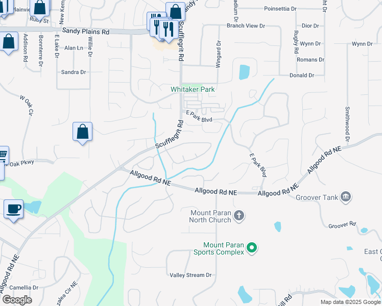 map of restaurants, bars, coffee shops, grocery stores, and more near 1451 Brentwood Way in Marietta