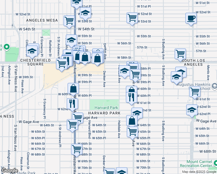map of restaurants, bars, coffee shops, grocery stores, and more near 1547 West 60th Street in Los Angeles