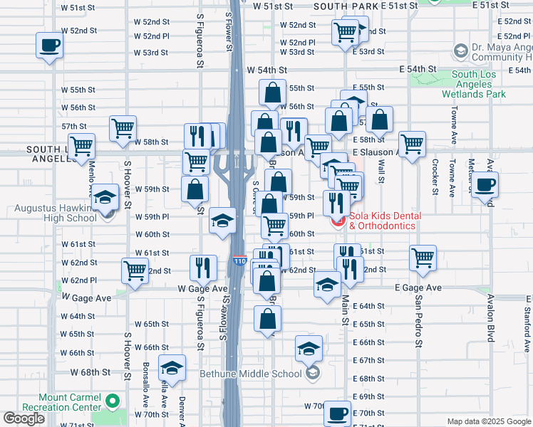 map of restaurants, bars, coffee shops, grocery stores, and more near 303 West 59th Place in Los Angeles