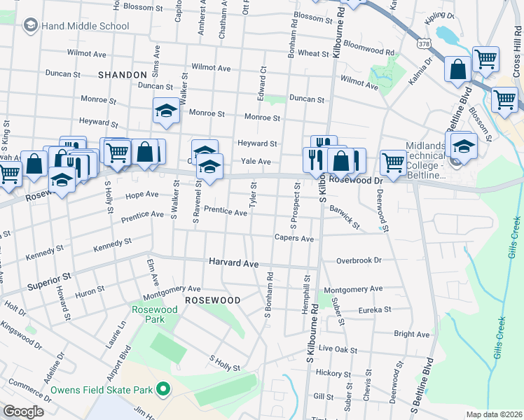 map of restaurants, bars, coffee shops, grocery stores, and more near 3509 Prentice Avenue in Columbia