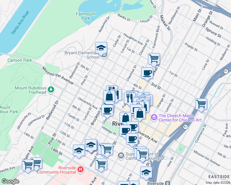 map of restaurants, bars, coffee shops, grocery stores, and more near 3992 6th Street in Riverside