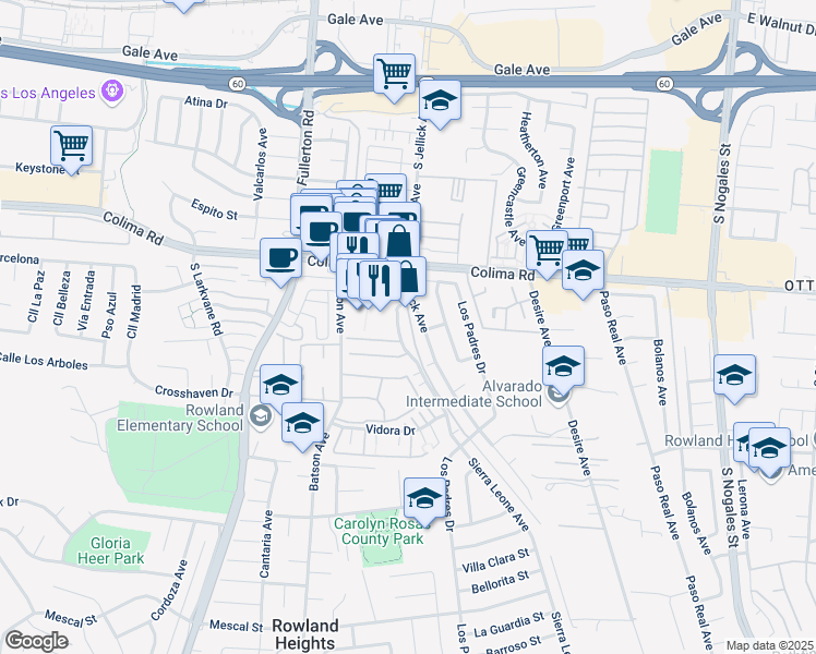 map of restaurants, bars, coffee shops, grocery stores, and more near 1818 Sierra Leone Avenue in Rowland Heights