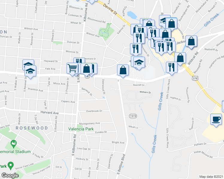 map of restaurants, bars, coffee shops, grocery stores, and more near 20 Magnolia Glen Lane in Columbia