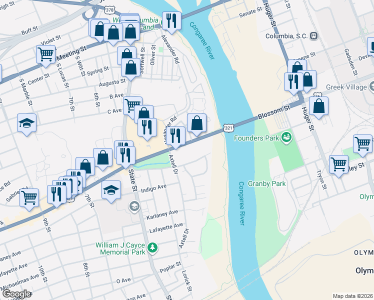 map of restaurants, bars, coffee shops, grocery stores, and more near 111 Knox Abbott Drive in Cayce
