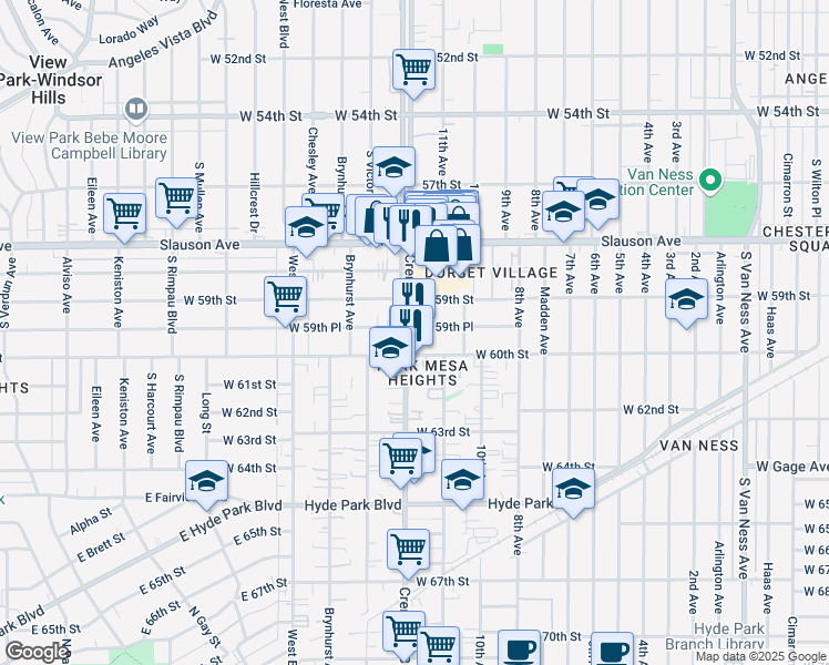 map of restaurants, bars, coffee shops, grocery stores, and more near 3331 West 60th Street in Los Angeles