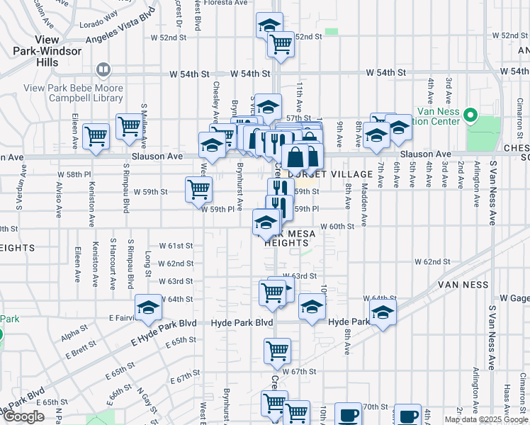 map of restaurants, bars, coffee shops, grocery stores, and more near 3429 West 60th Street in Los Angeles