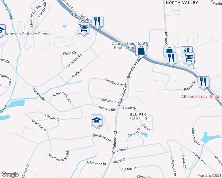 map of restaurants, bars, coffee shops, grocery stores, and more near 140 Lillian Drive in Athens