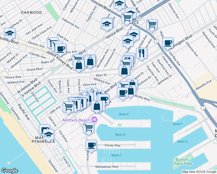 map of restaurants, bars, coffee shops, grocery stores, and more near 663 Washington Boulevard in Marina del Rey