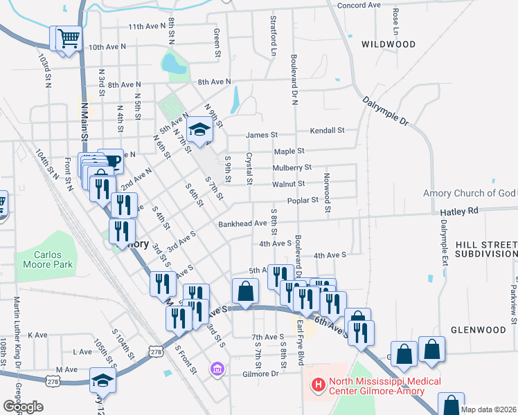 map of restaurants, bars, coffee shops, grocery stores, and more near 308 Crystal Street in Amory