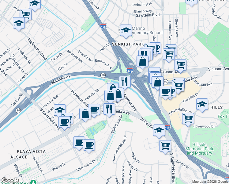 map of restaurants, bars, coffee shops, grocery stores, and more near 11821 Jefferson Boulevard in Culver City