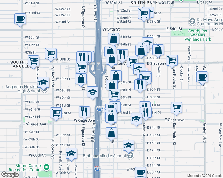 map of restaurants, bars, coffee shops, grocery stores, and more near 5966 South Broadway in Los Angeles